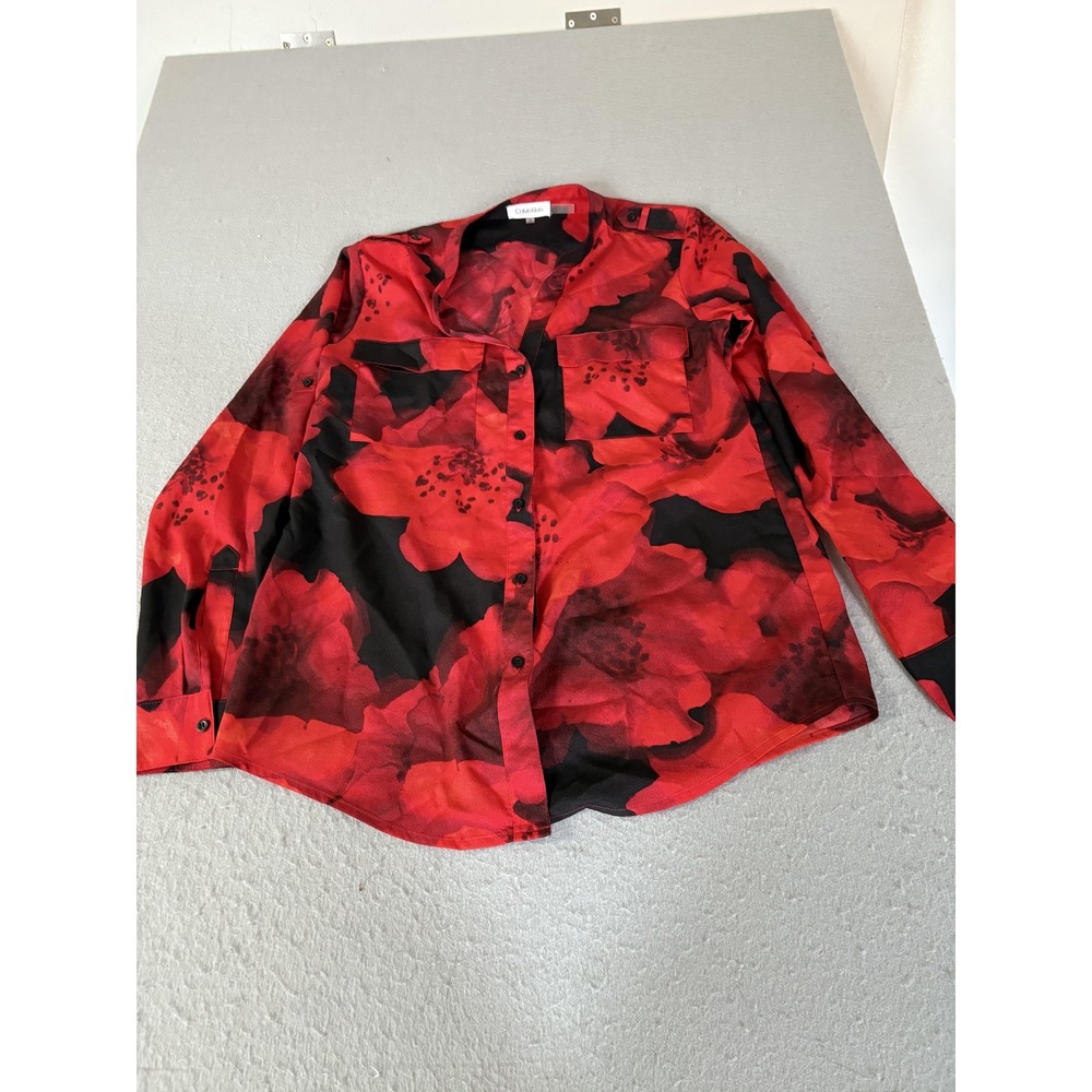 Calvin Klein Shirt Womens Small Red Floral Button Front Long Sleeve Blouse Top